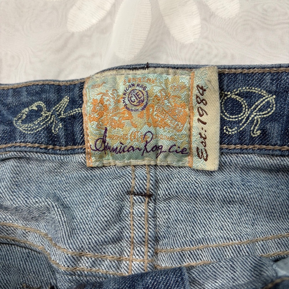 Y2K American Rag Blue Denim Mini Skirt Beaded Pocket Distressed Raw Hem Womens 7 - Picture 3 of 7